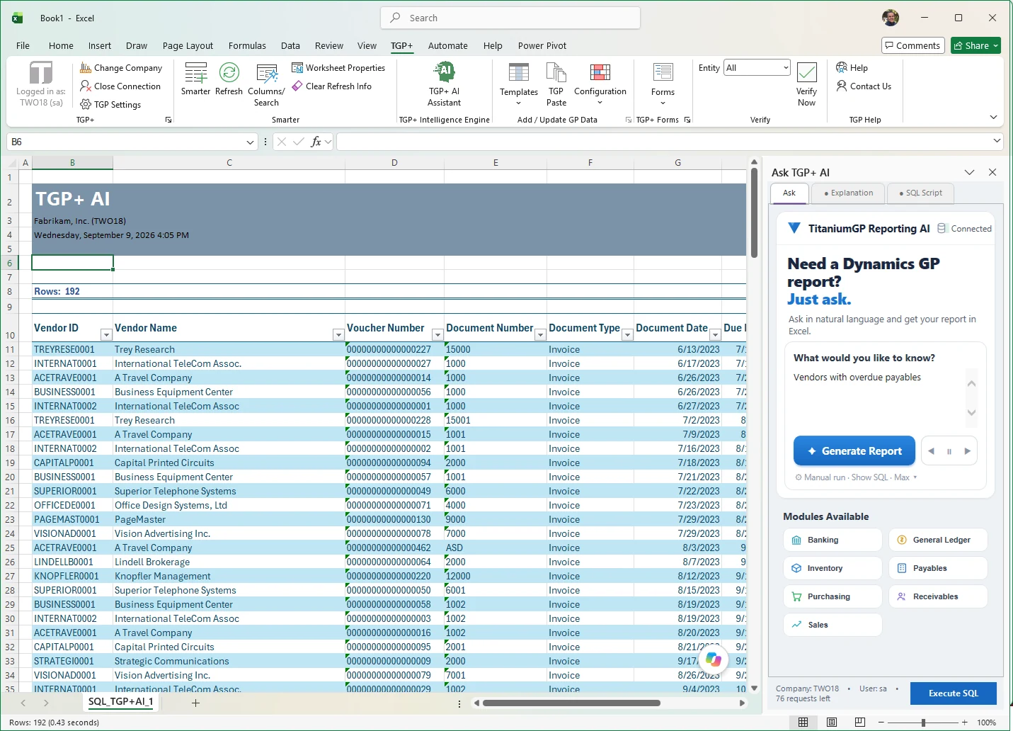 The Ask TGP+ AI task pane open in Excel beside a returned vendor payables report, with the TGP+ ribbon above it