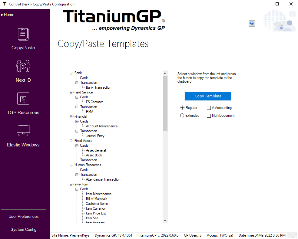 Accessing copy paste templates from the TitaniumGP Control Desk.